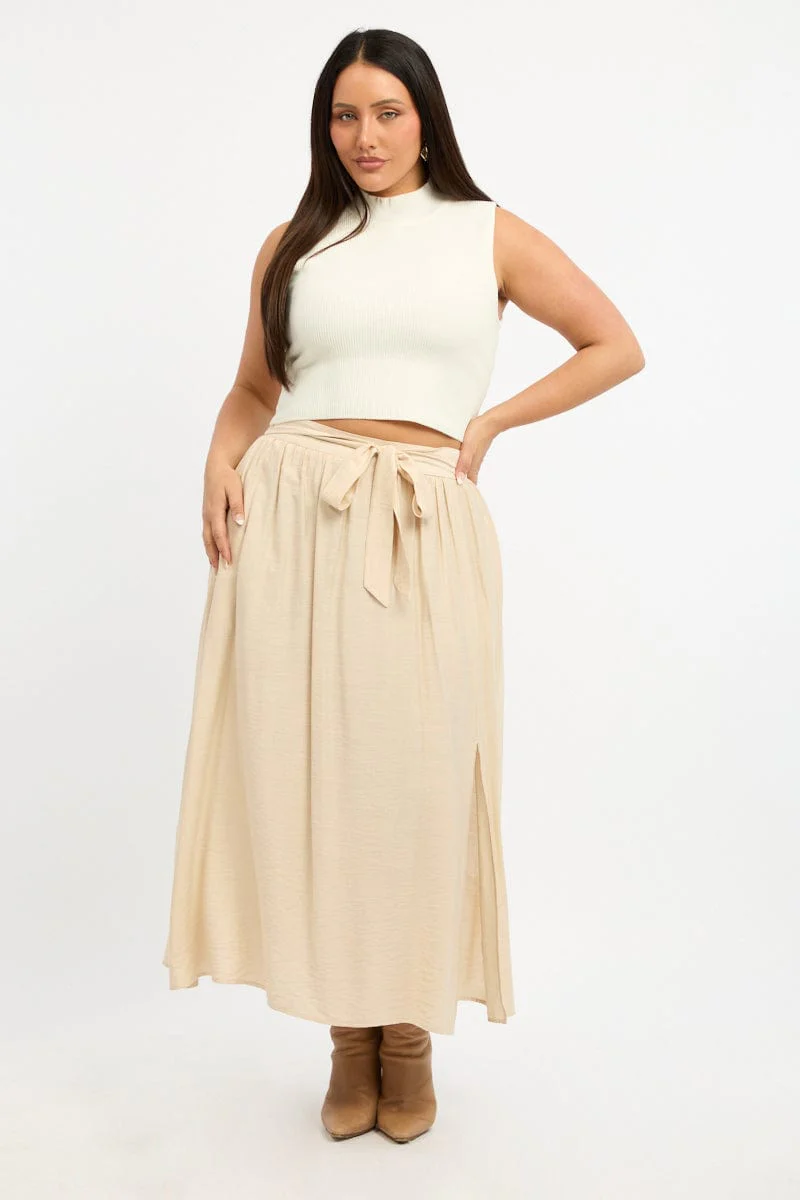 Beige Tie Waist Split Side Maxi Skirt - Image 2