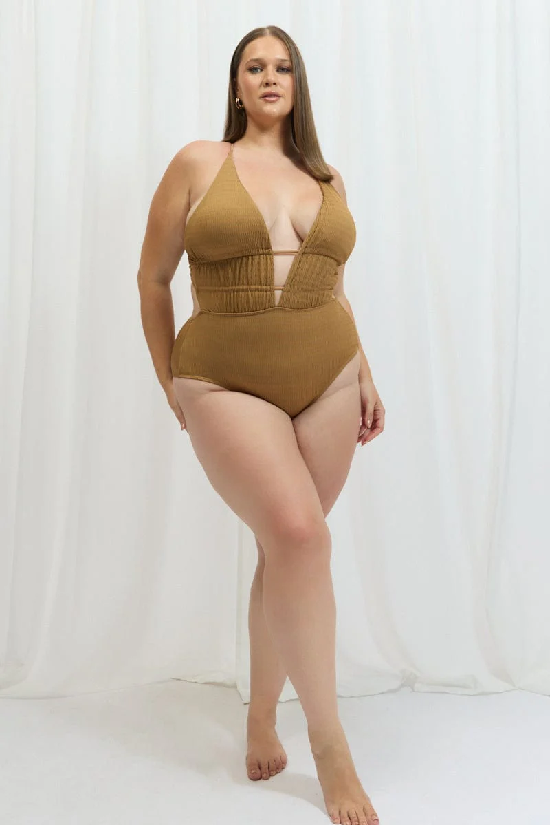 Beige V Neck One Piece Swimsuit - Image 2