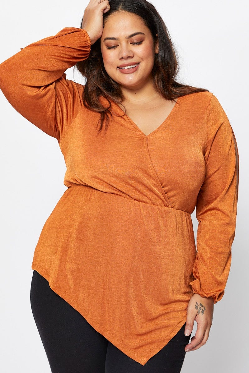 Beige V-neck Top Split Detail Asymmetric Long Sleeve - Image 2