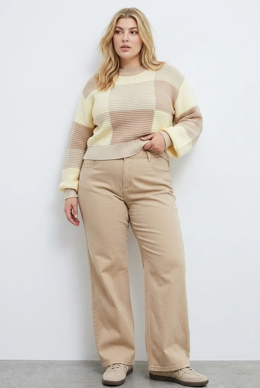 Beige Wide Leg Denim Jeans High Rise