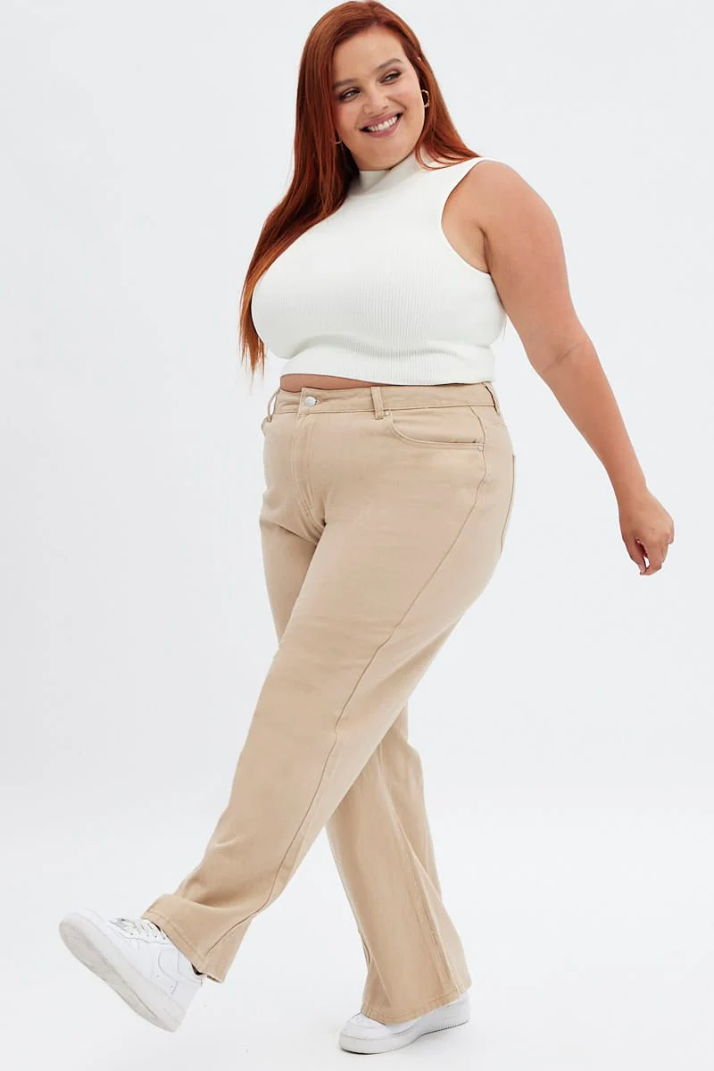 Beige Wide Leg Denim Jeans High Rise - Image 3