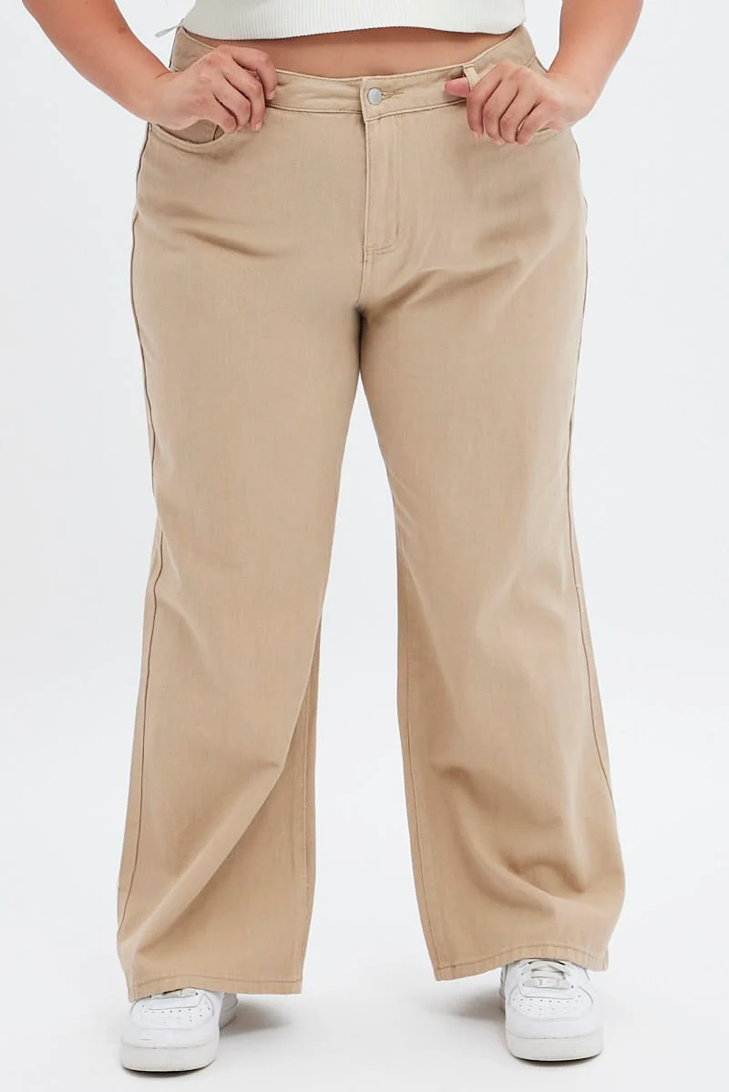 Beige Wide Leg Denim Jeans High Rise - Image 4