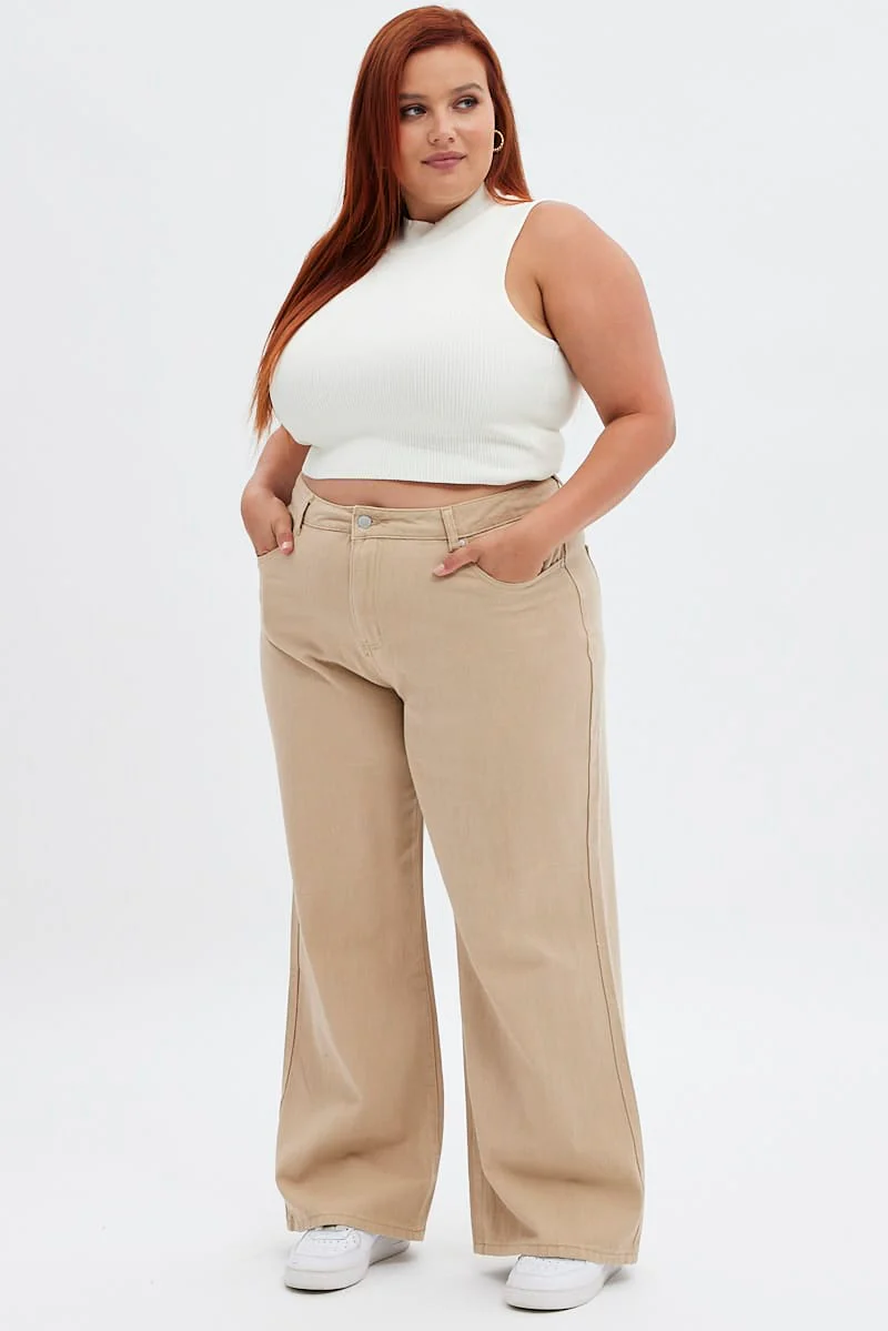 Beige Wide Leg Denim Jeans High Rise - Image 5