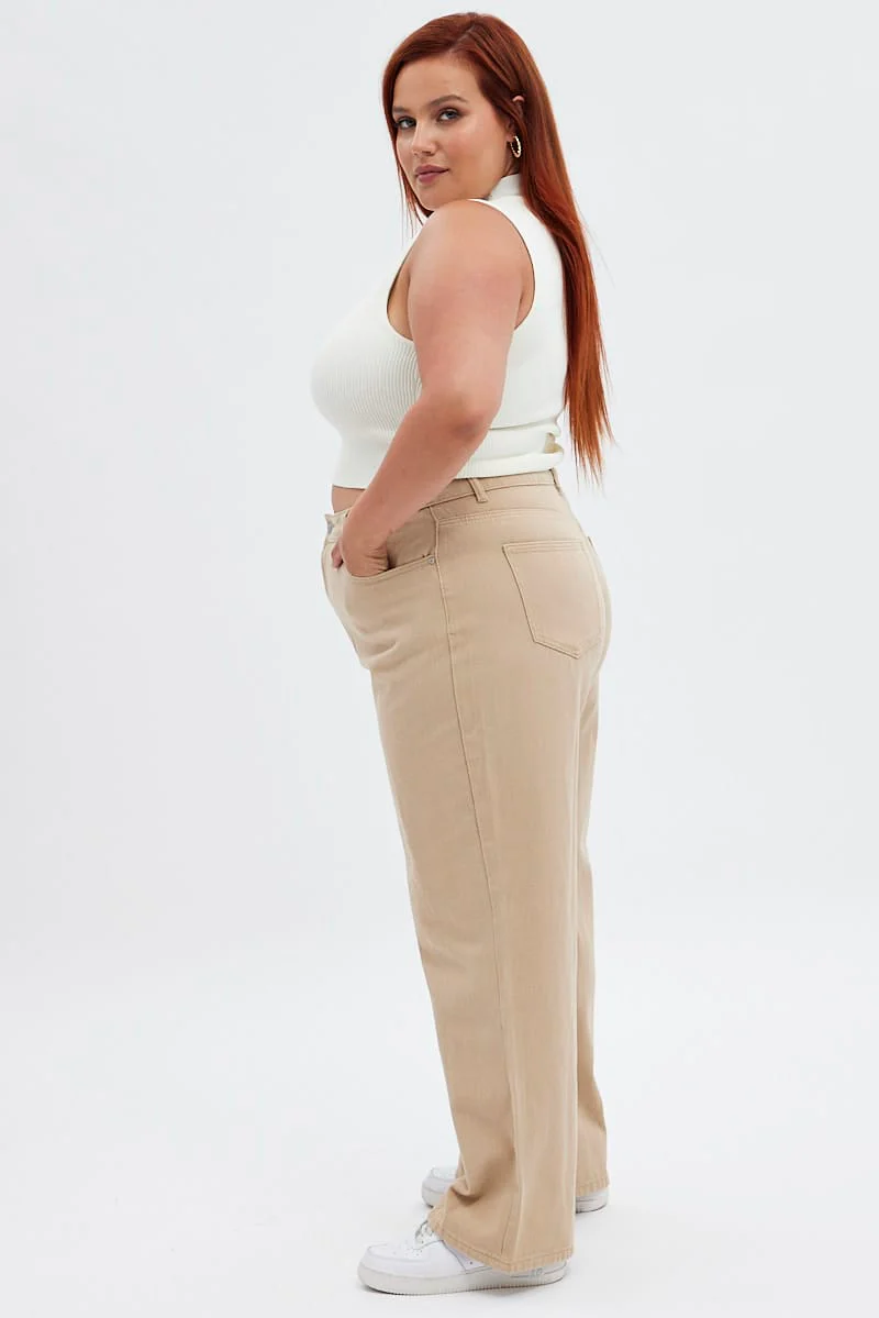 Beige Wide Leg Denim Jeans High Rise - Image 6