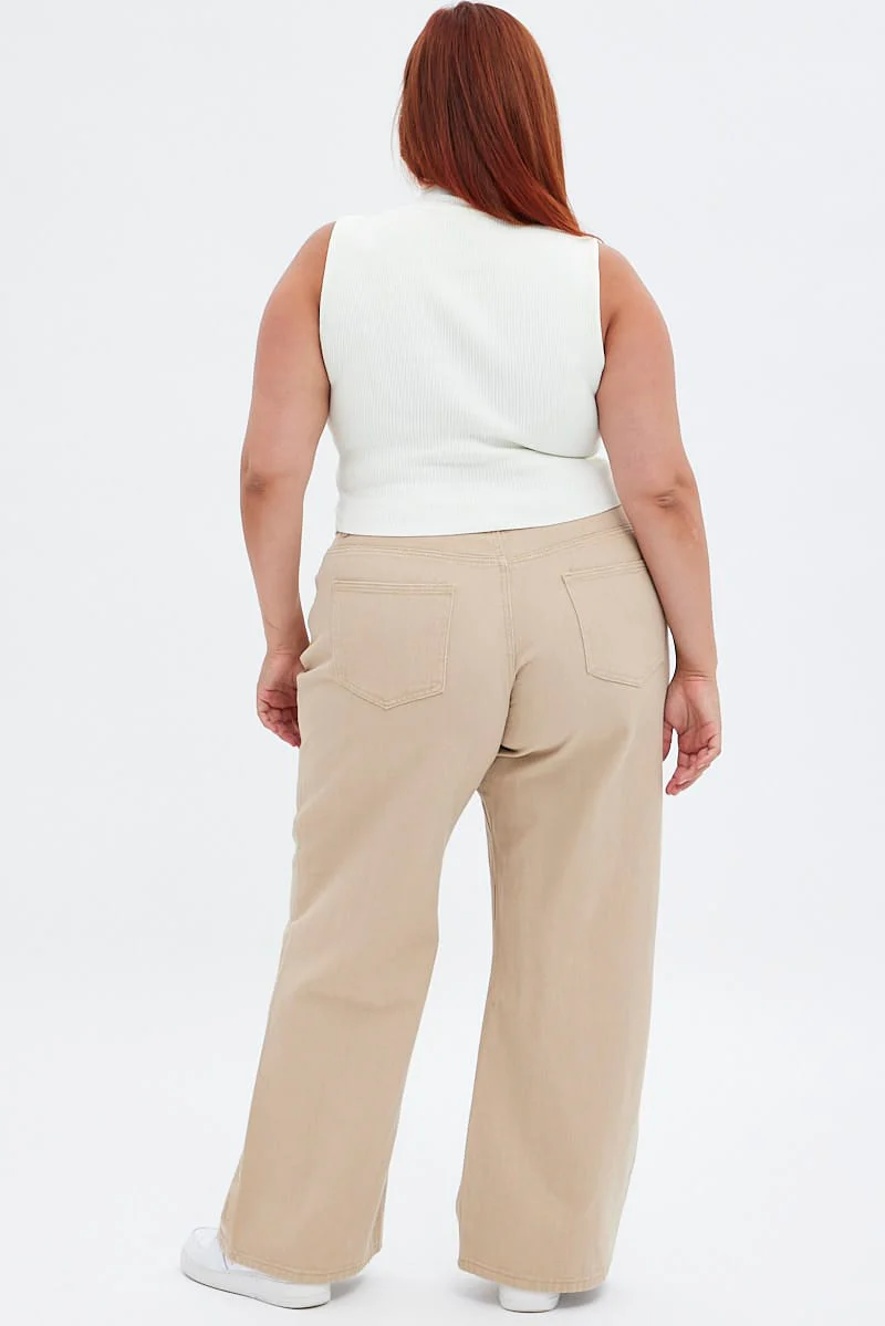 Beige Wide Leg Denim Jeans High Rise - Image 7