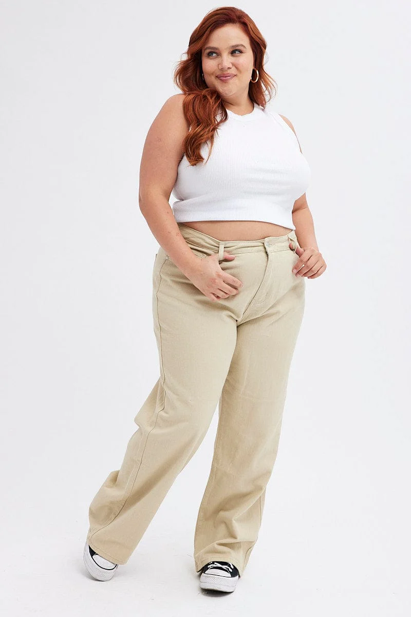 Beige Wide Leg Denim Jeans High Rise - Image 3