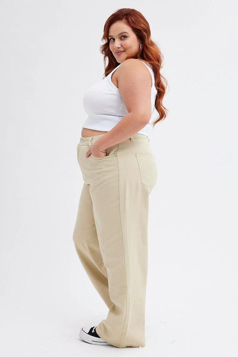 Beige Wide Leg Denim Jeans High Rise - Image 4