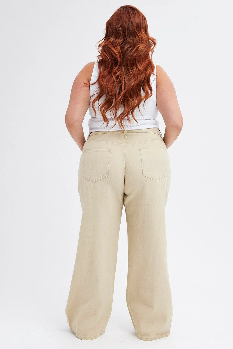 Beige Wide Leg Denim Jeans High Rise - Image 5