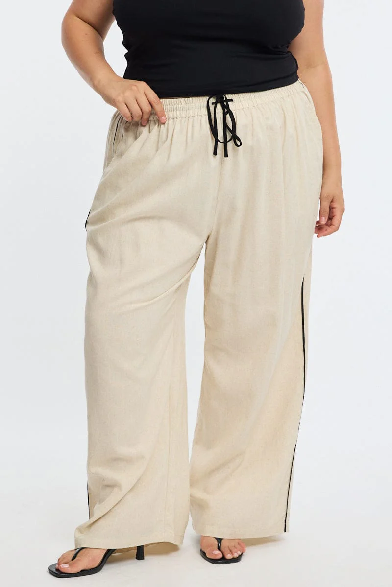 Beige Wide Leg Pants Elastic Waist Binding Contrast - Image 2