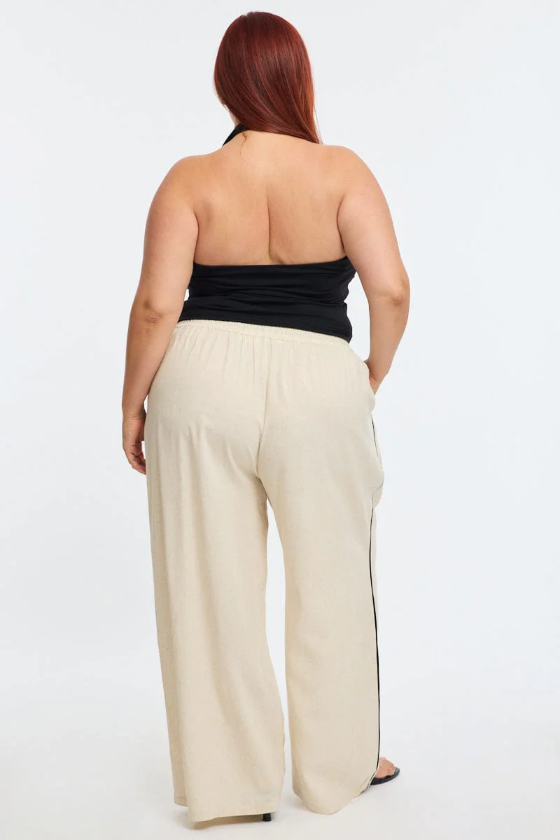 Beige Wide Leg Pants Elastic Waist Binding Contrast - Image 4