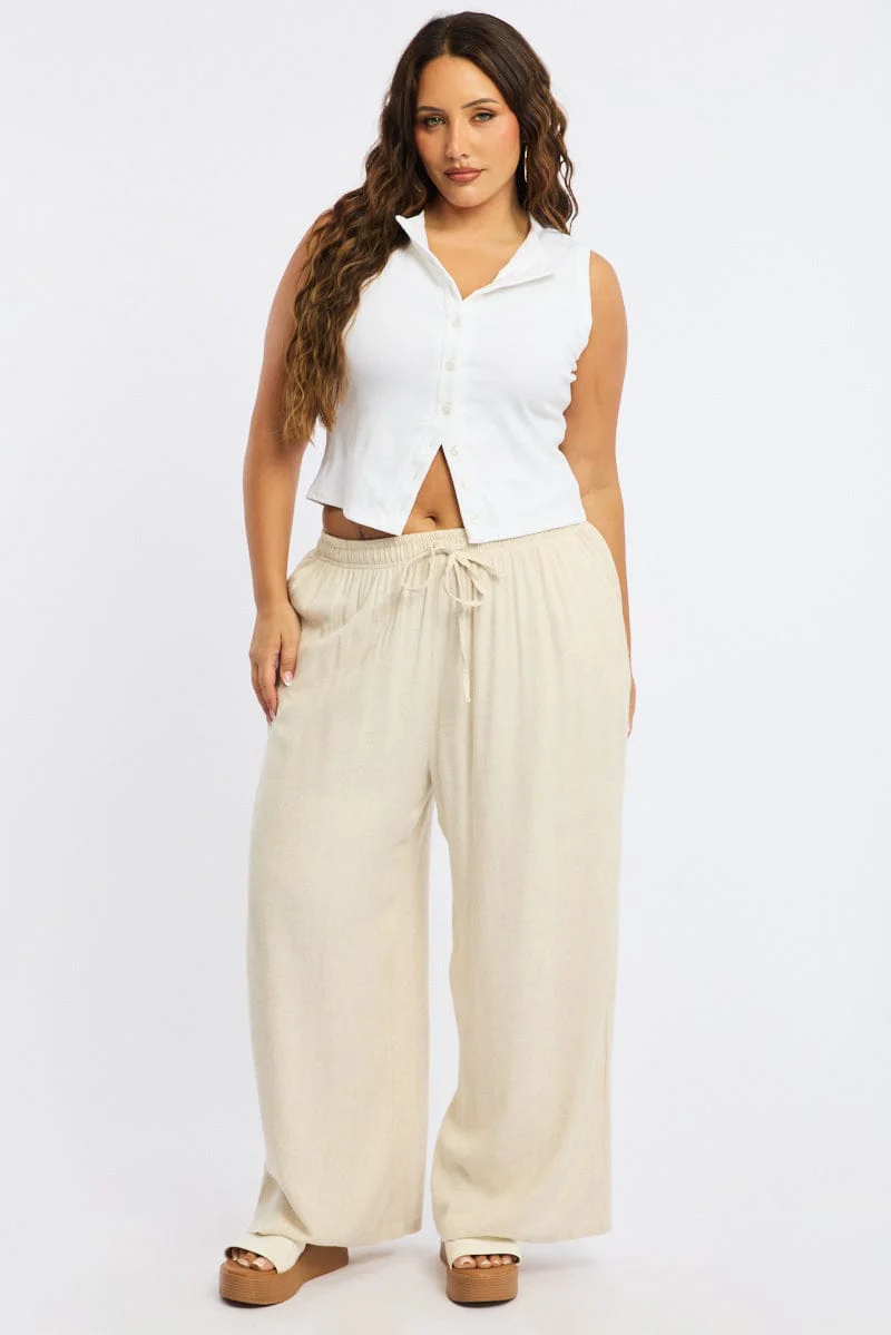 Beige Wide Leg Pants Elasticated Waist