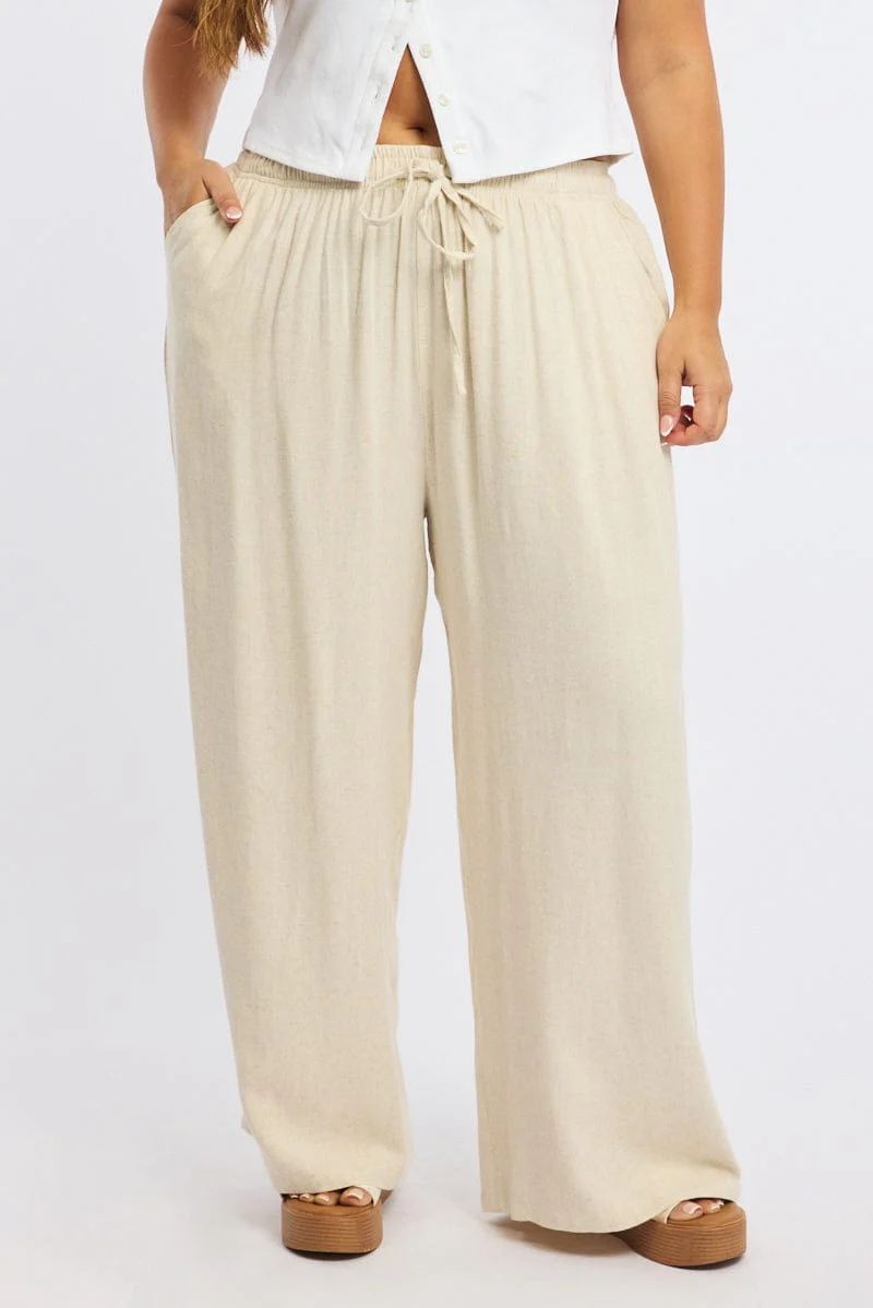Beige Wide Leg Pants Elasticated Waist - Image 2