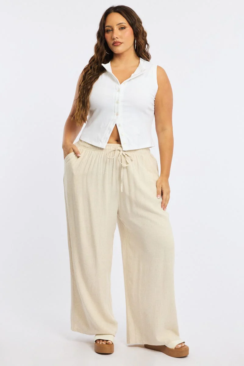 Beige Wide Leg Pants Elasticated Waist - Image 3