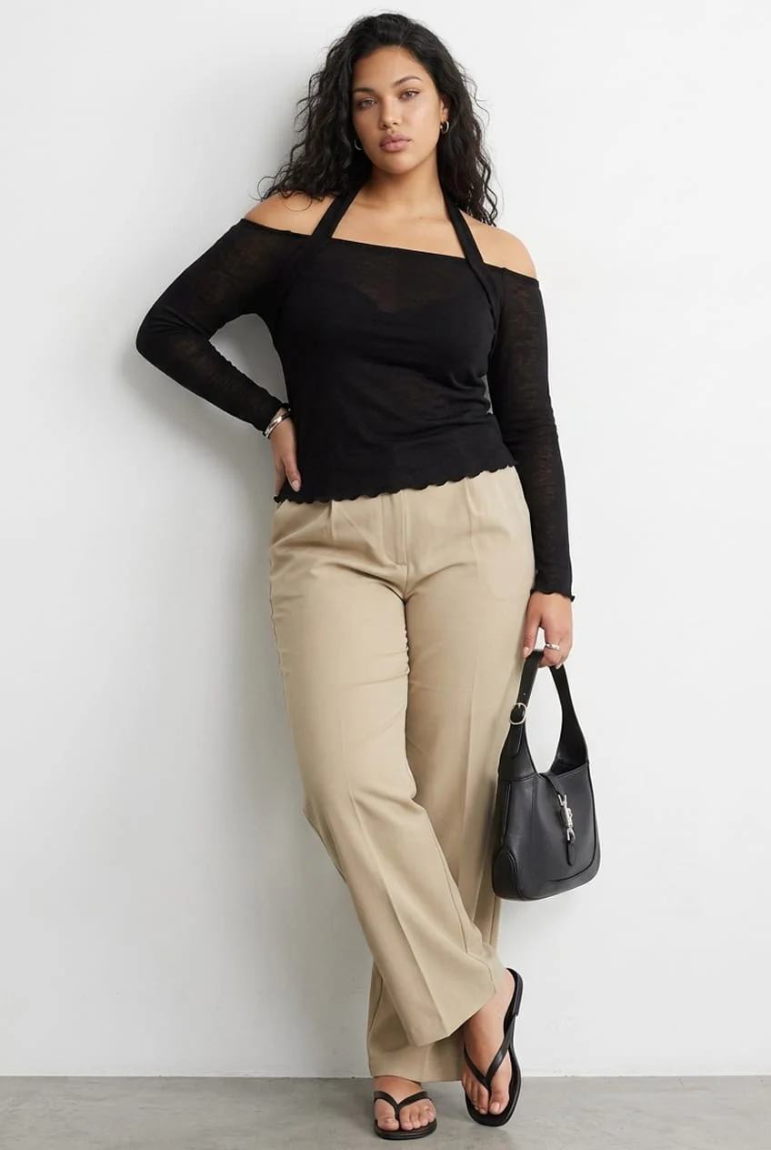 Beige Wide Leg Pants High Rise
