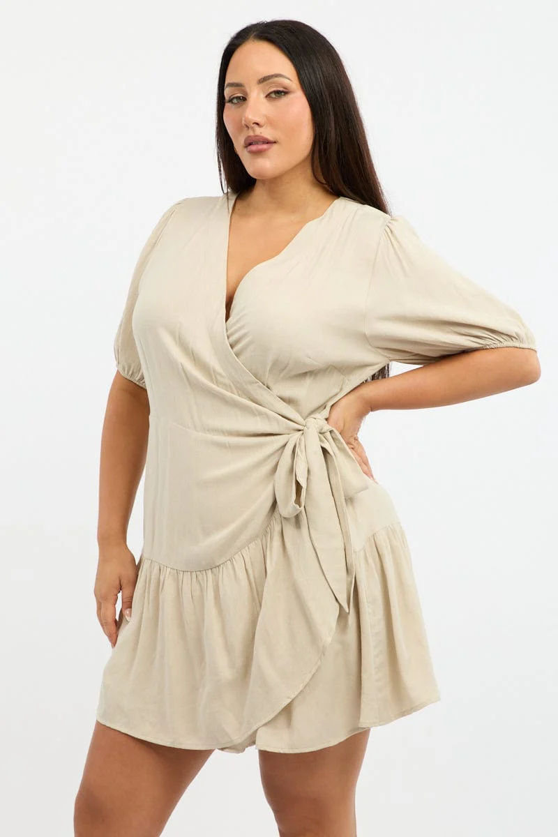 Beige Wrap Frill Hem Dress - Image 3