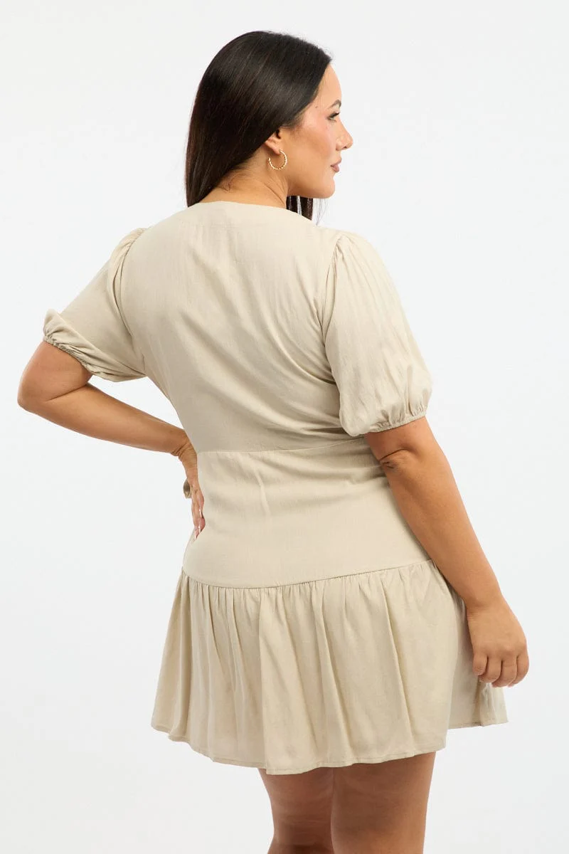 Beige Wrap Frill Hem Dress - Image 4