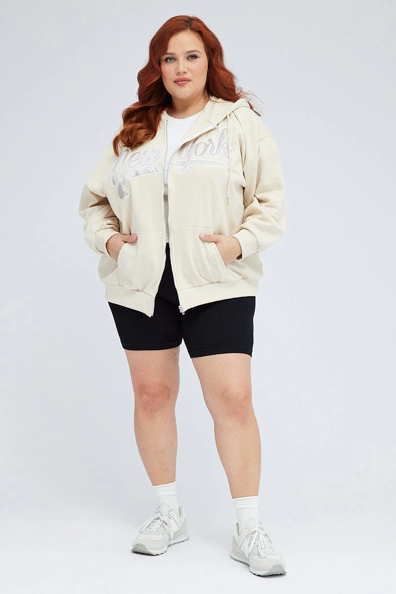 Beige Zip Up Hoodie Jacket New York Motif - Image 2