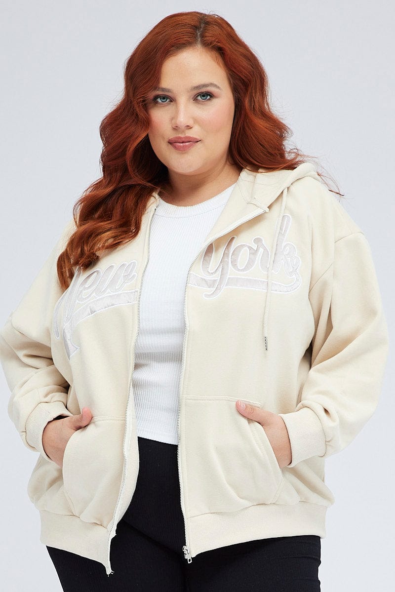 Beige Zip Up Hoodie Jacket New York Motif - Image 3