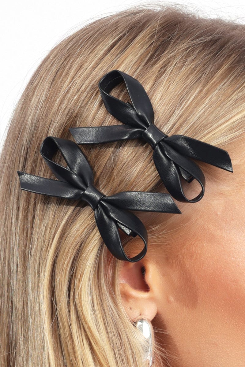 Black 2 Pack Pu Bow Hair Clips