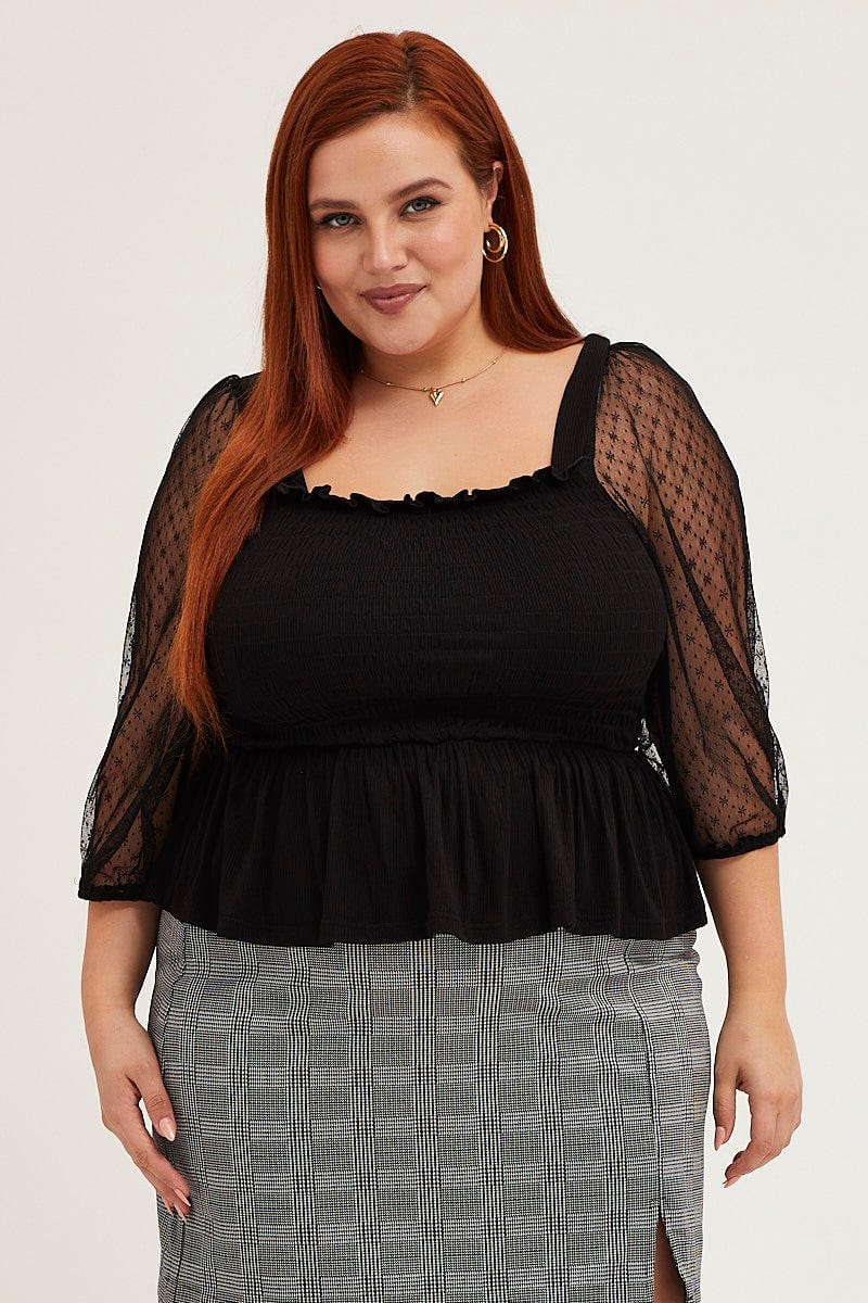 Black 3/4 Lace Sleeve Rib Jersey Peplum Top - Image 3