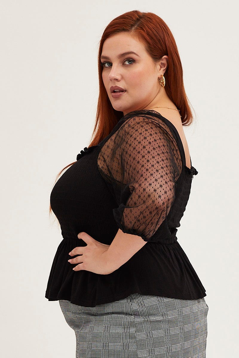 Black 3/4 Lace Sleeve Rib Jersey Peplum Top - Image 4