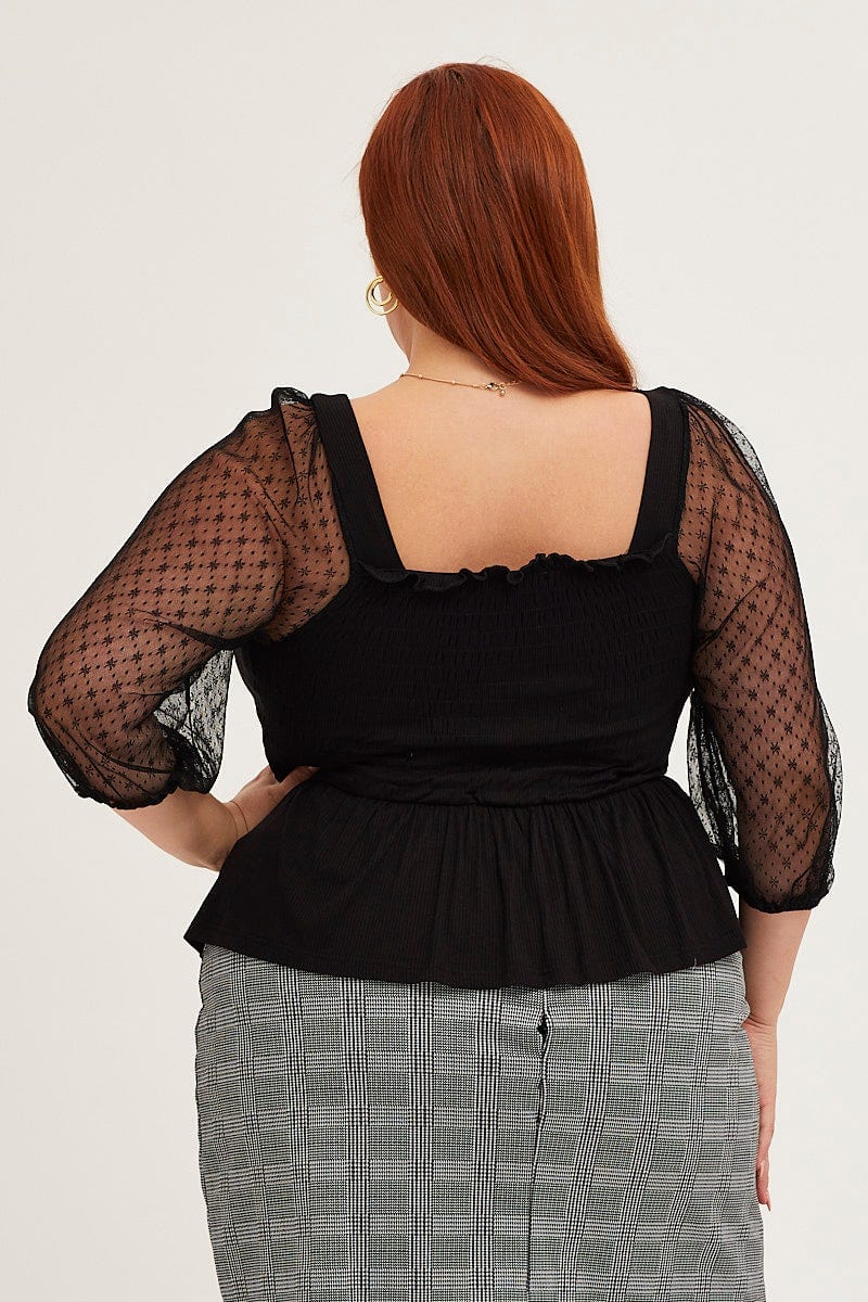 Black 3/4 Lace Sleeve Rib Jersey Peplum Top - Image 5