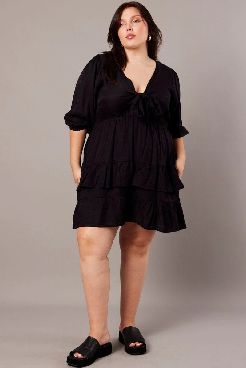 Black 3/4 Sleeve Tie Frill Mini Dress - Image 2