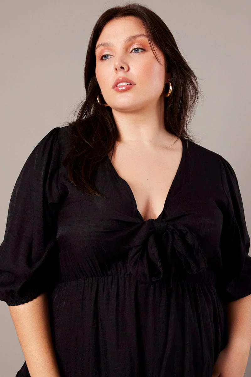 Black 3/4 Sleeve Tie Frill Mini Dress - Image 3