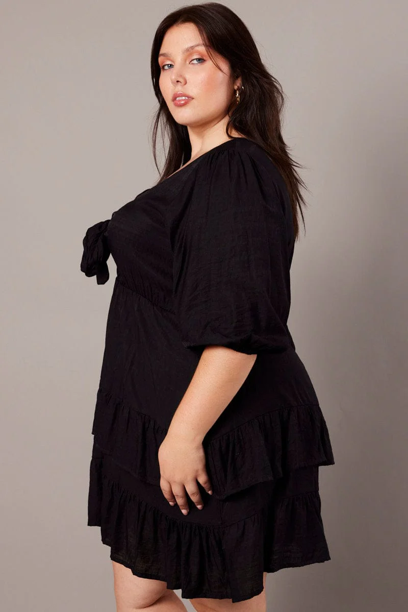 Black 3/4 Sleeve Tie Frill Mini Dress - Image 4