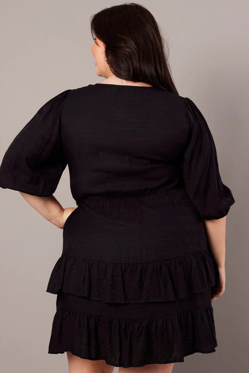 Black 3/4 Sleeve Tie Frill Mini Dress - Image 5