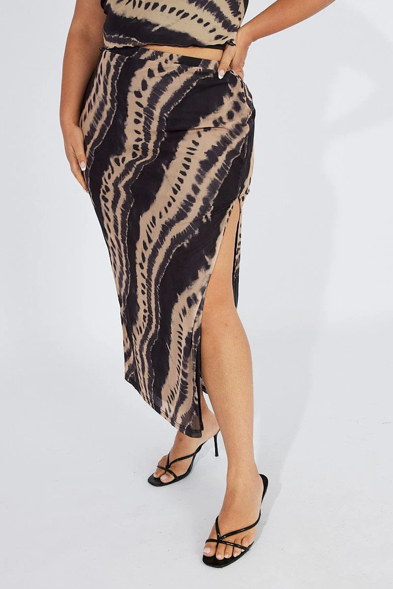 Black Abstract Mesh Long Split Skirt - Image 2