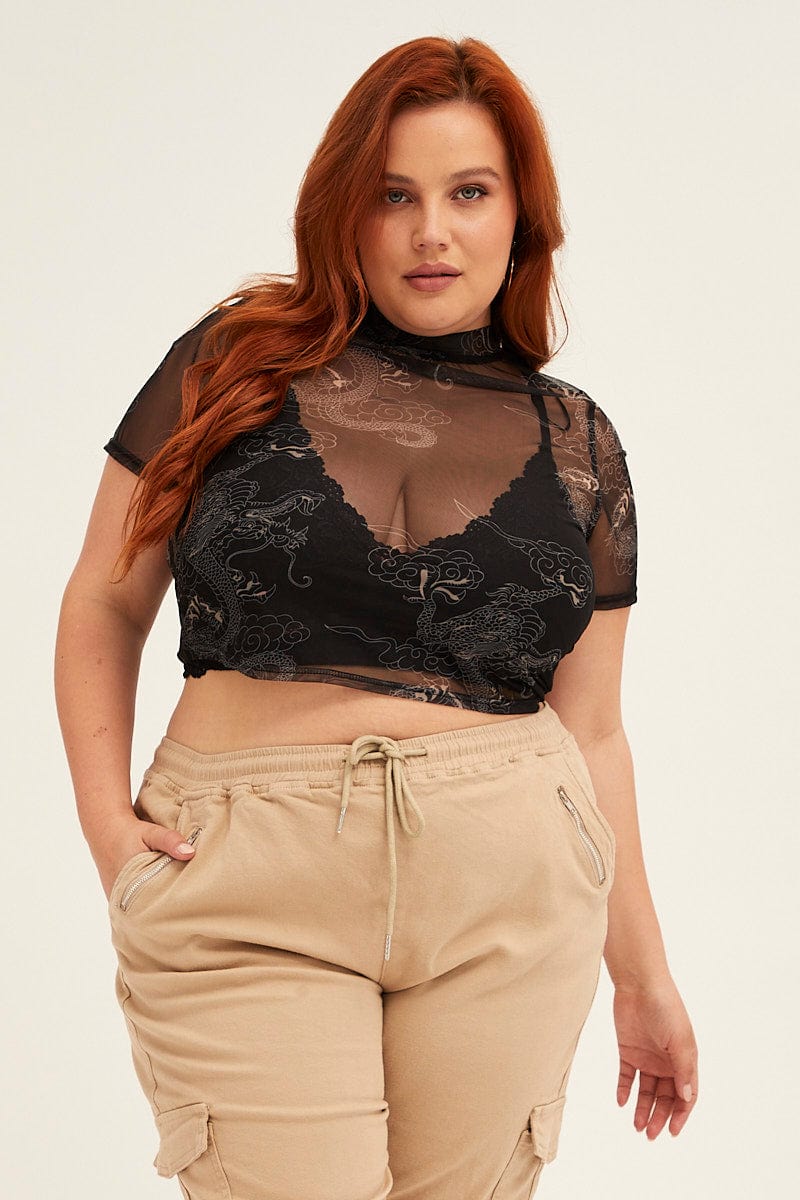 Black Abstract Mesh Top Sheer Dragon Print Short Sleeve - Image 3