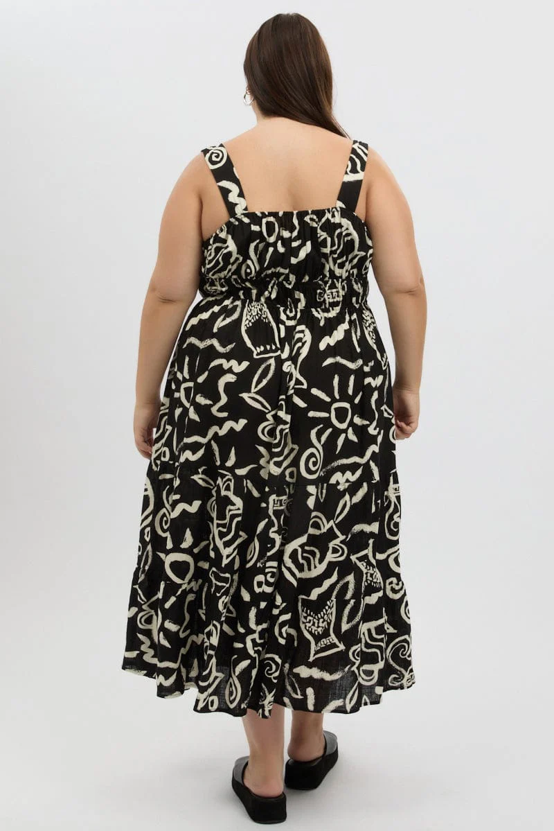 Black Abstract Midi Dress Sleeveless Ruched Bust Tiered - Image 5