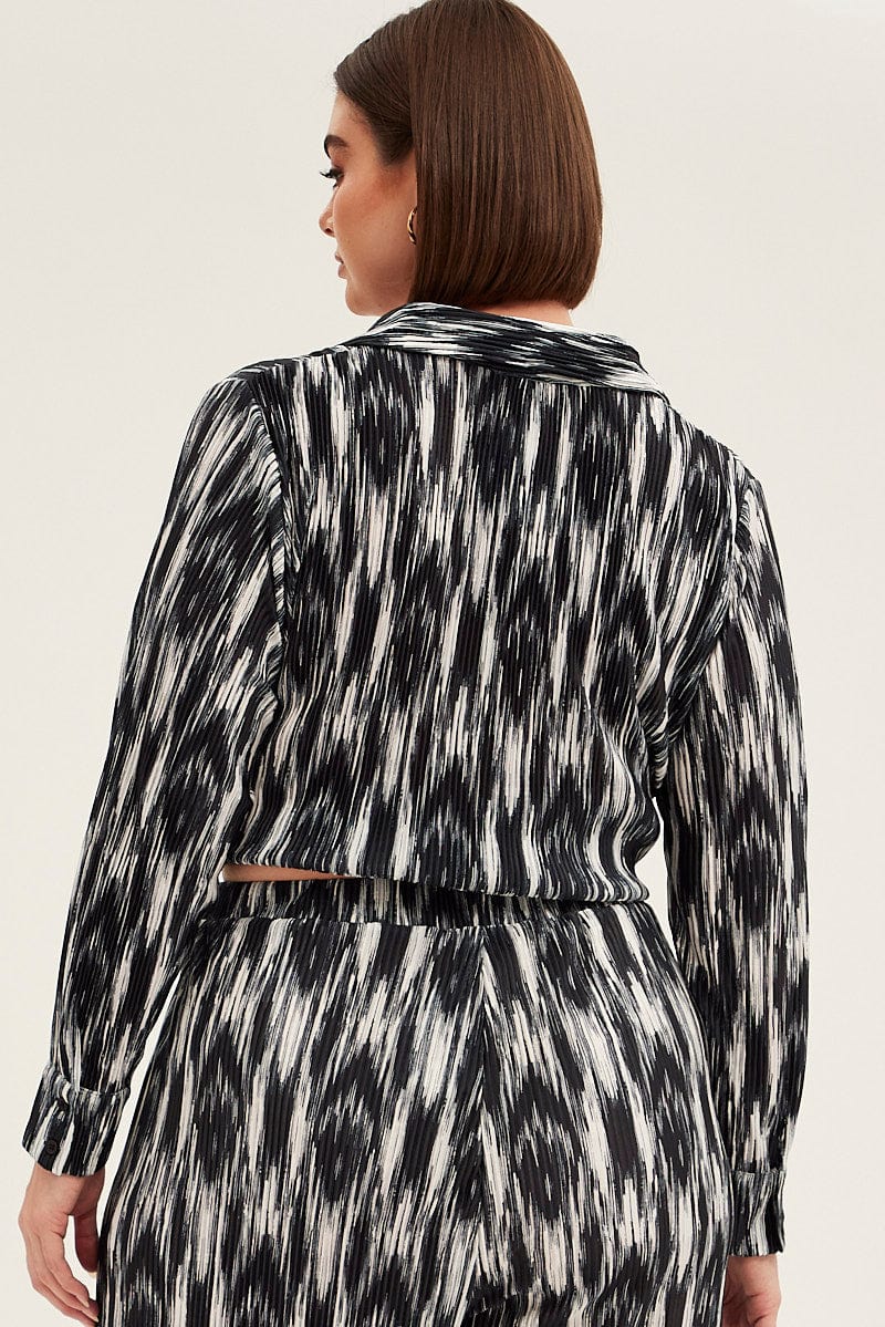 Black Abstract Relaxed Shirt Long Sleeve V-neck Plisse - Image 5