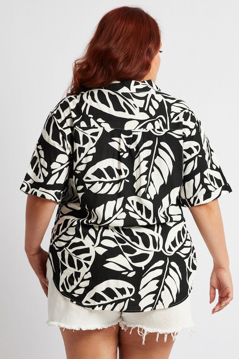 Black Abstract Relaxed Shirt Short Sleeve Linen Blend - Image 5