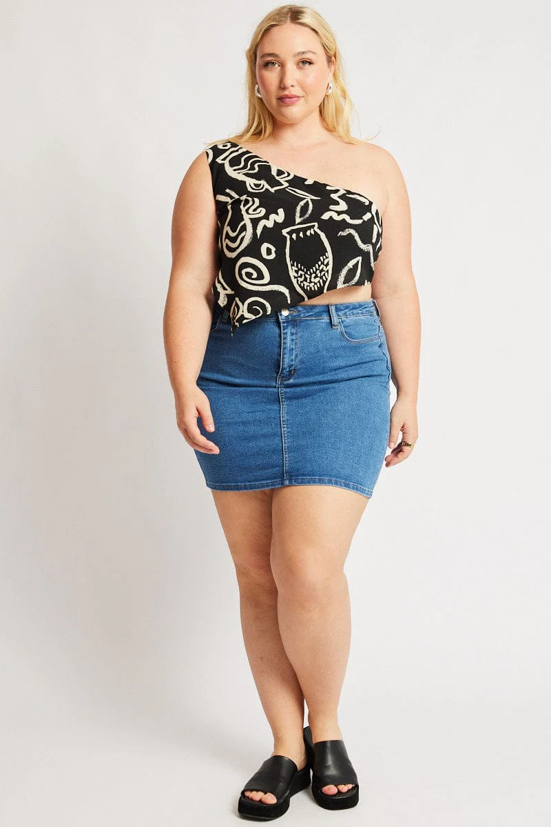 Black Abstract Scarf Top One Shoulder - Image 2