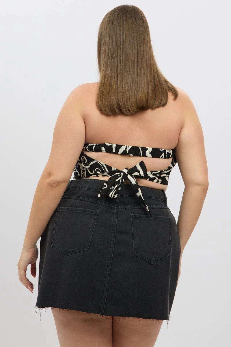 Black Abstract Scarf Top Strapless Linen Blend - Image 5