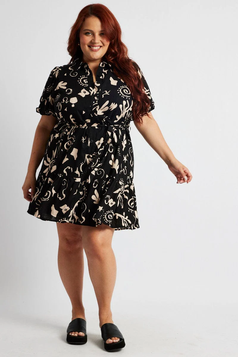 Black Abstract Shirt Dress Short Sleeve Self Tie - Image 2