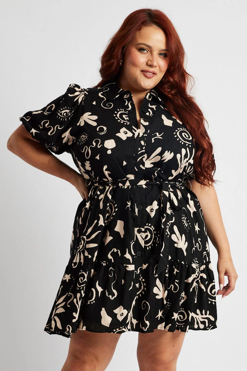 Black Abstract Shirt Dress Short Sleeve Self Tie - Image 3