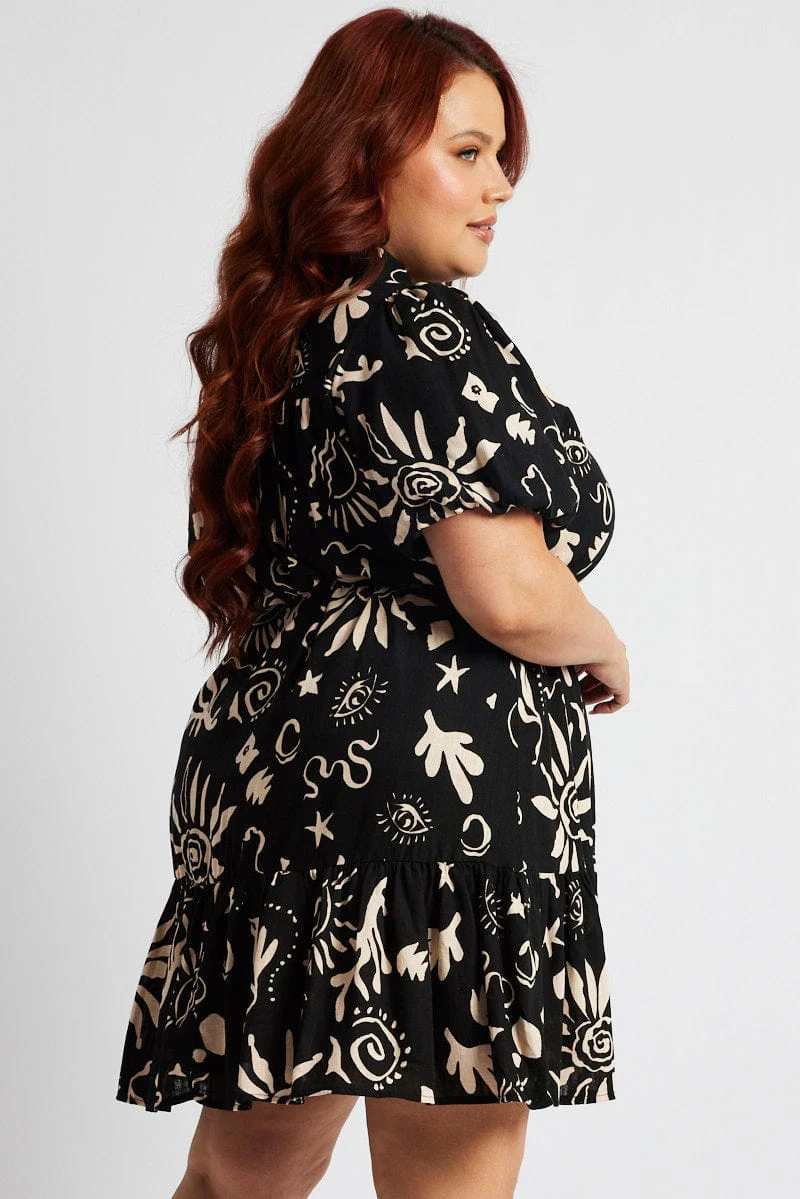 Black Abstract Shirt Dress Short Sleeve Self Tie - Image 4