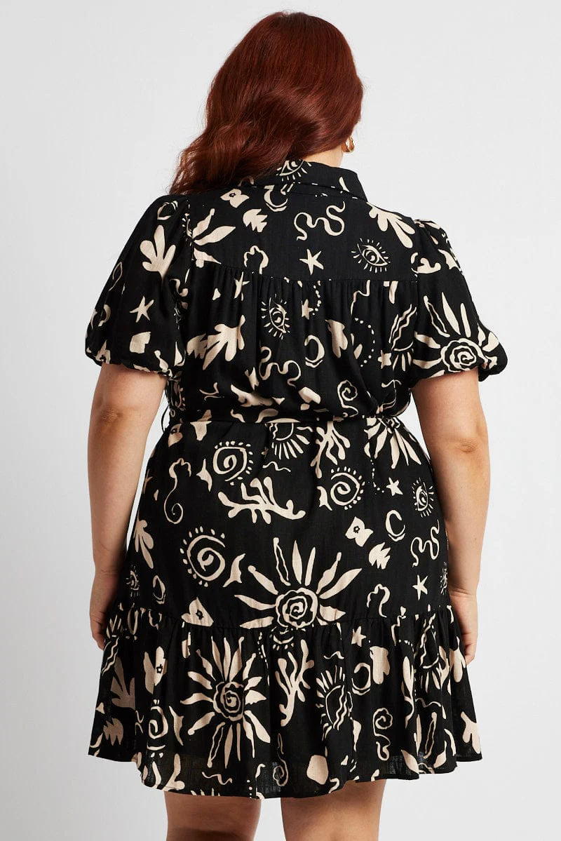 Black Abstract Shirt Dress Short Sleeve Self Tie - Image 5