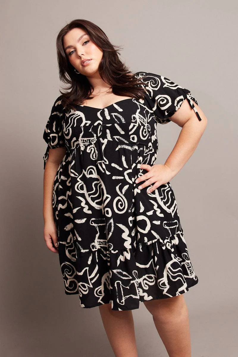 Black Abstract Tie Sleeve Sweetheart Neck Minidress