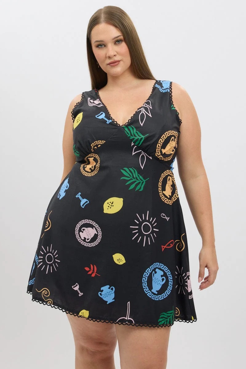 Black Abstract V Neck Printed Minidress - Image 3