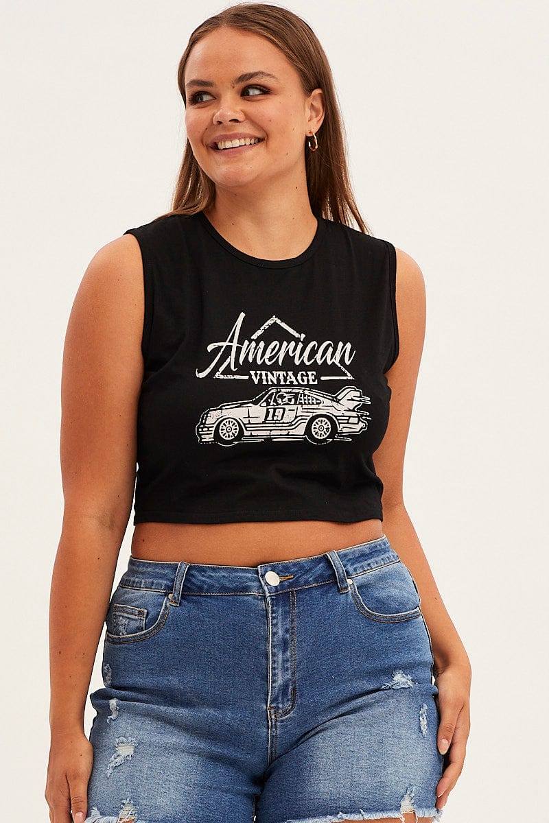 Black American Car Sleeveless Contrast Graphic Tank Top - Image 2