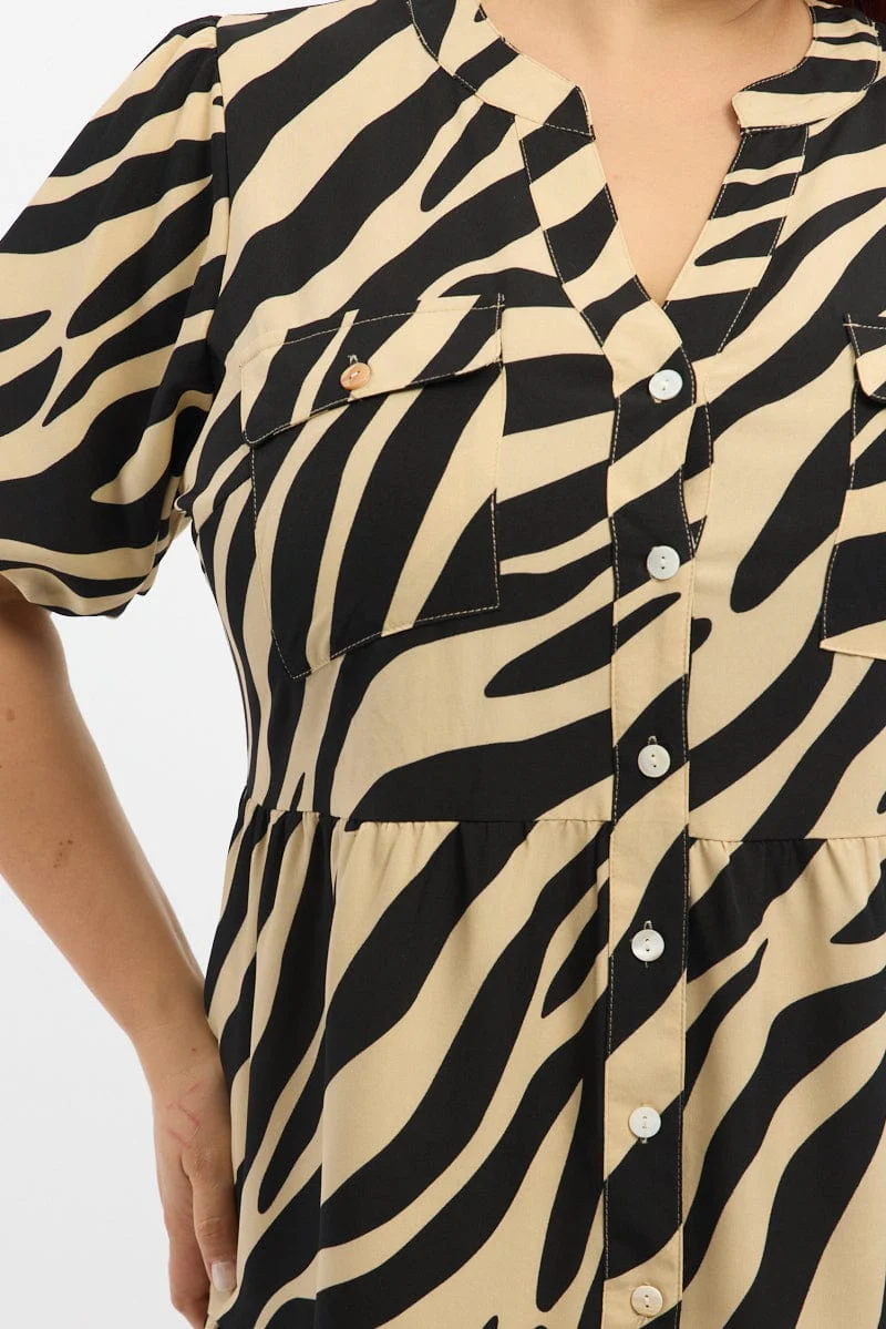 Black Animal Print Button Through Shirt Dress - Image 5