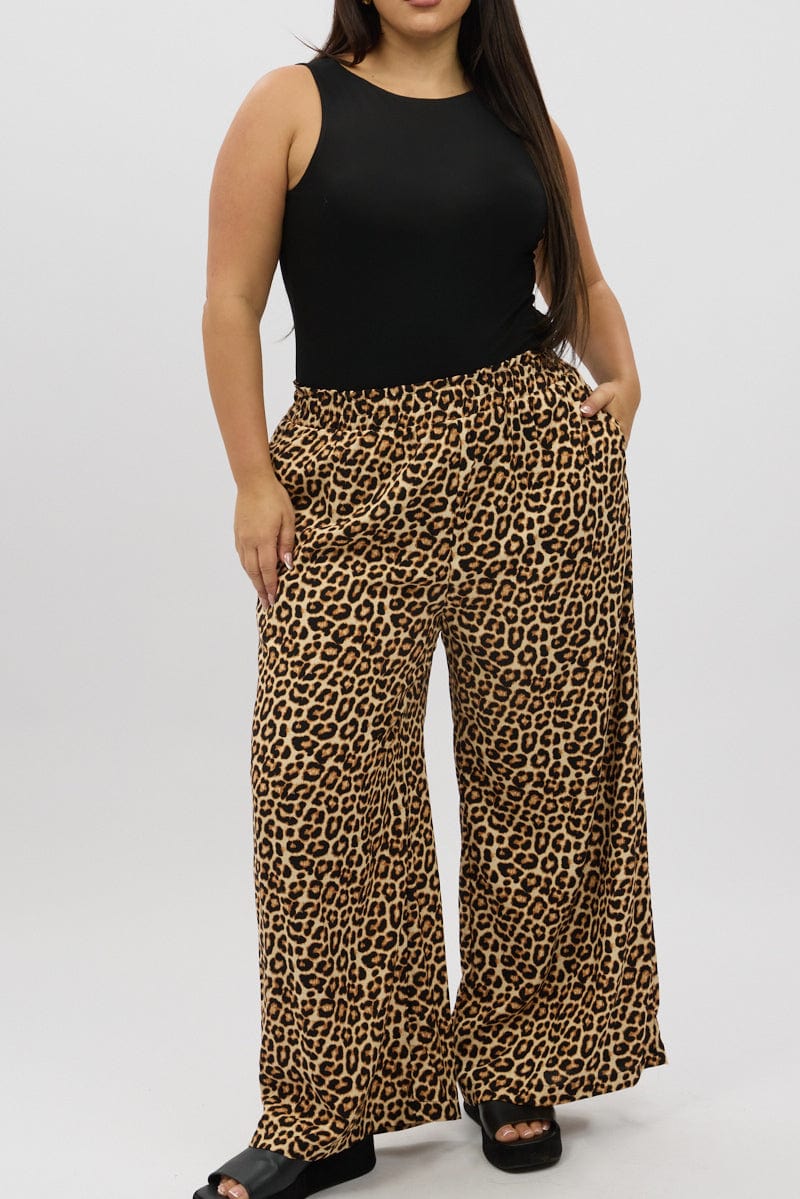 Black Animal Print Wide Leg Elastic Waist Pants