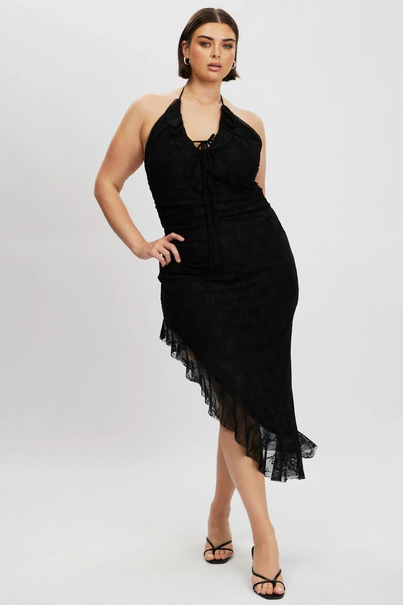 Black Asymmetric Lace Bodycon Dress - Image 3