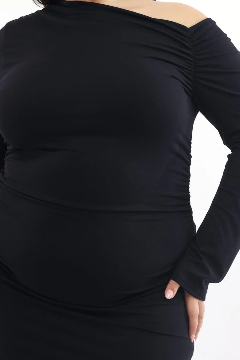 Black Asymmetric Long Sleeve Ruched Supersoft Mini Dress - Image 6