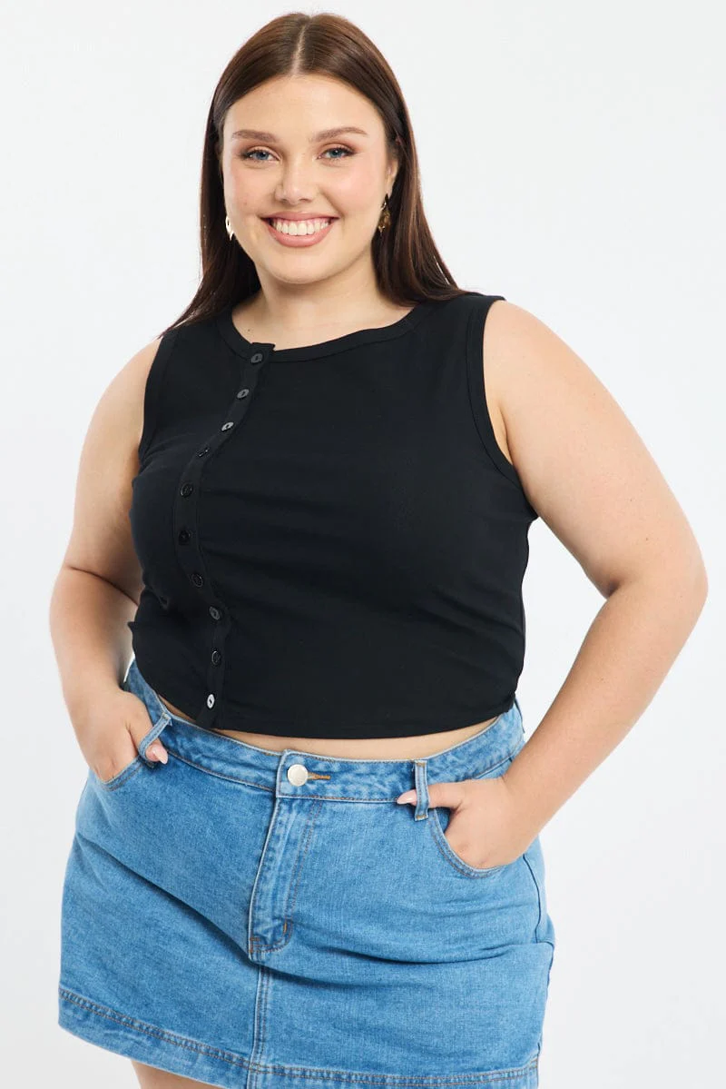 Black Asymmetrical Button Top Sleeveless
