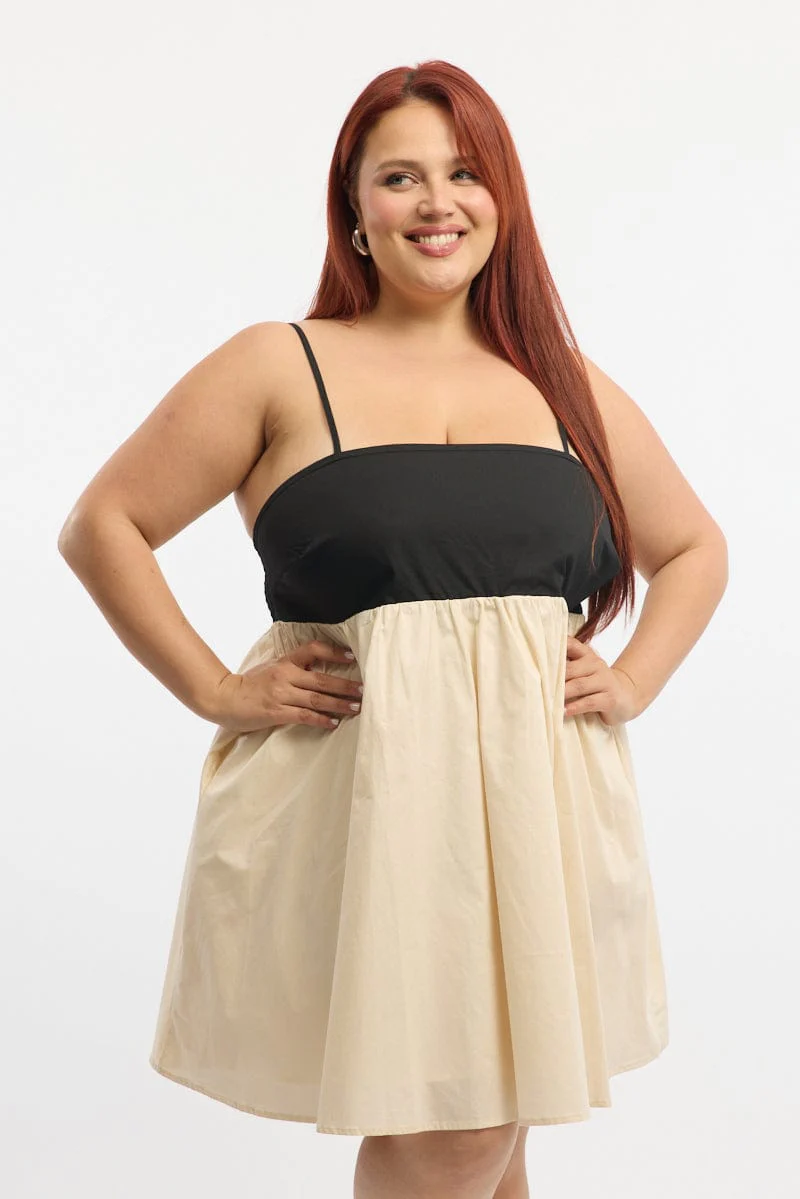 Black Babydoll Contrast Cotton Strappy Minidress - Image 2